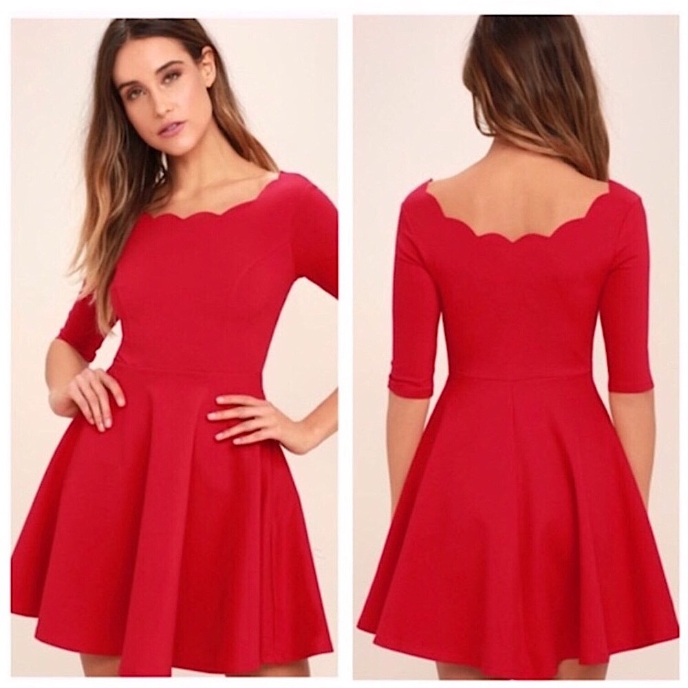 LULU’S sz Medium Juniors Dress “Tip the Scallops” Fit n Flare Half Sleeves Red